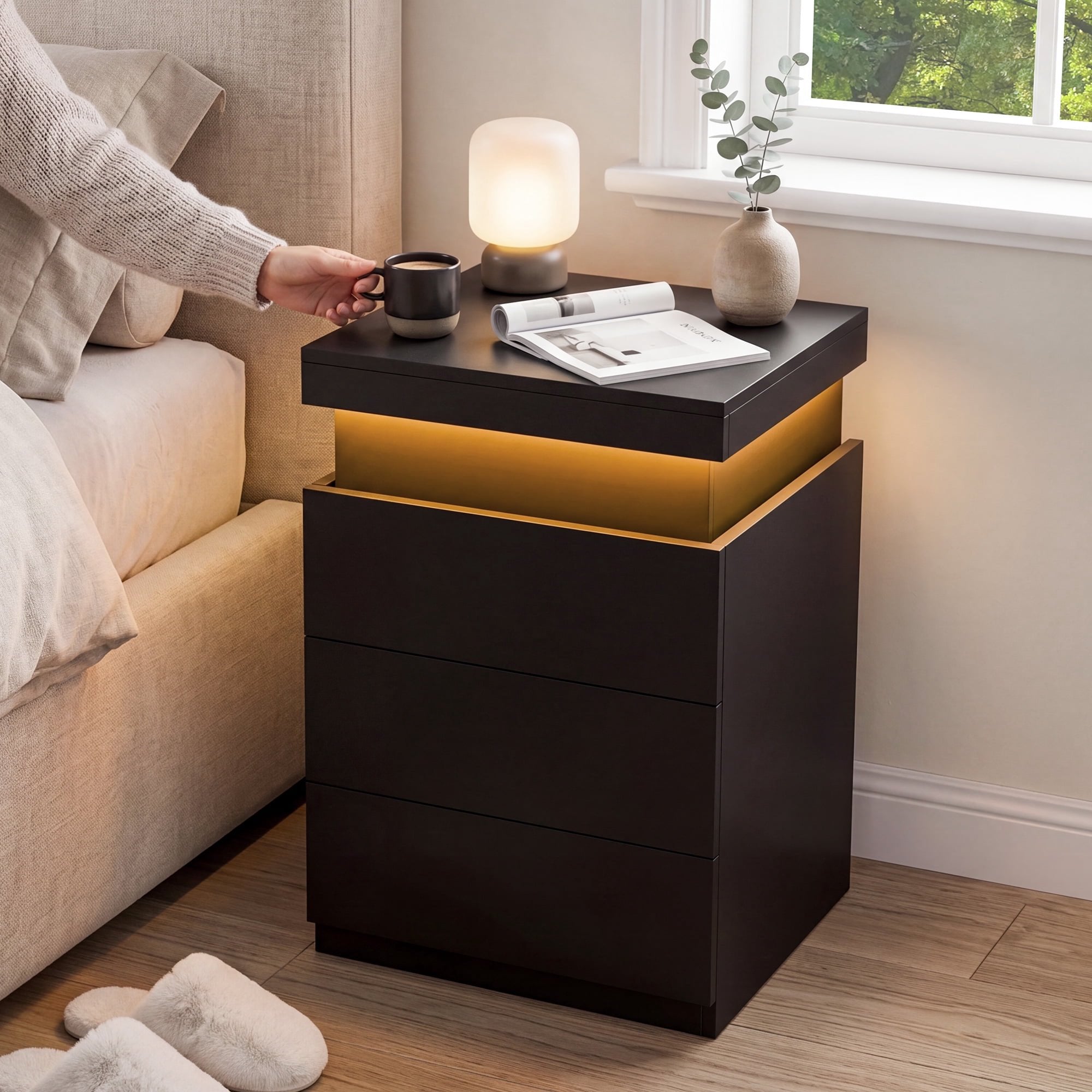 JIOABL Nightstand with Charging Station and RGB LED Light, 3 Drawers, Sliding Top, Bedside Table for Bedroom, Living Room and Dorm