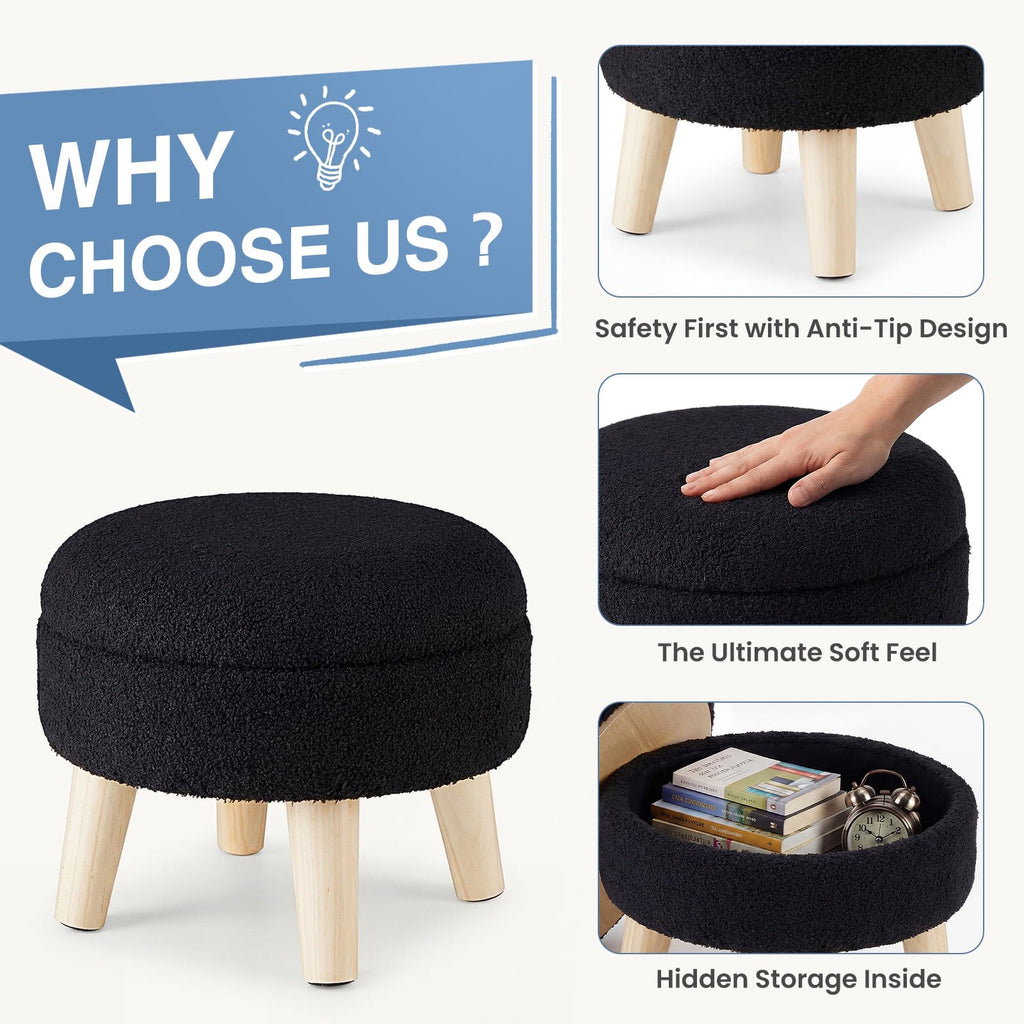 JIOABL Ottoman with Storage, 350lbs Capacity, Soft Teddy Fabric, Round Footrest, Wooden Legs, for Living Room & Bedroom