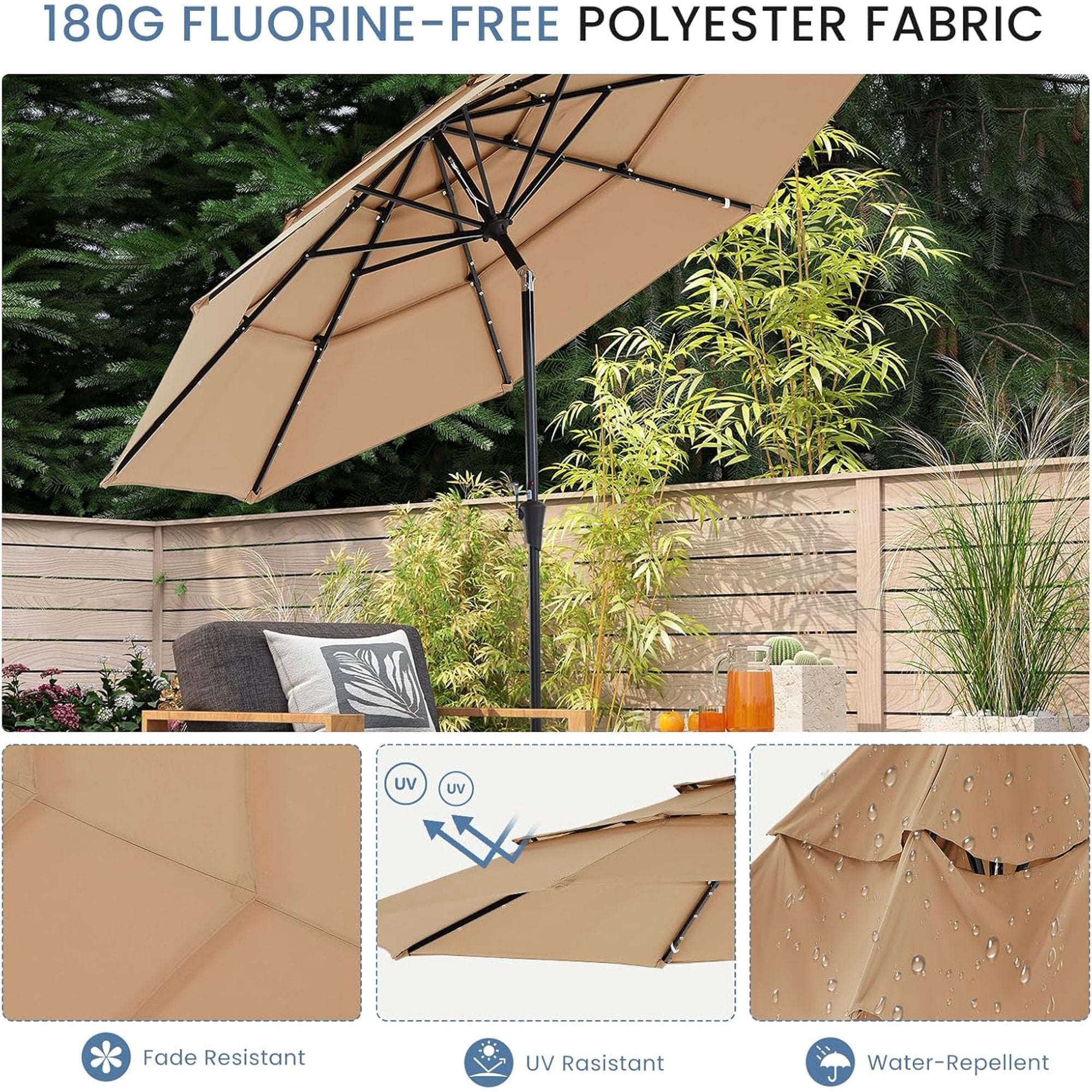 JIOABL 10FT Solar LED Patio Umbrella with Tilt & Vent, 32 LED Lights, 8 Ribs, UV-Resistant & Water-Resistant for Garden, Deck, Patio