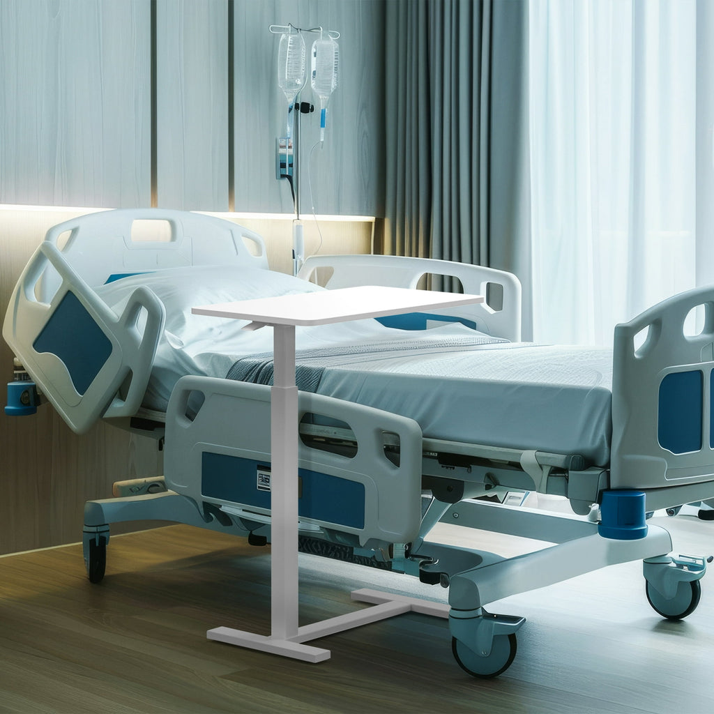 JIOABL Adjustable Overbed Bedside Table with Hidden Wheels for Hospital