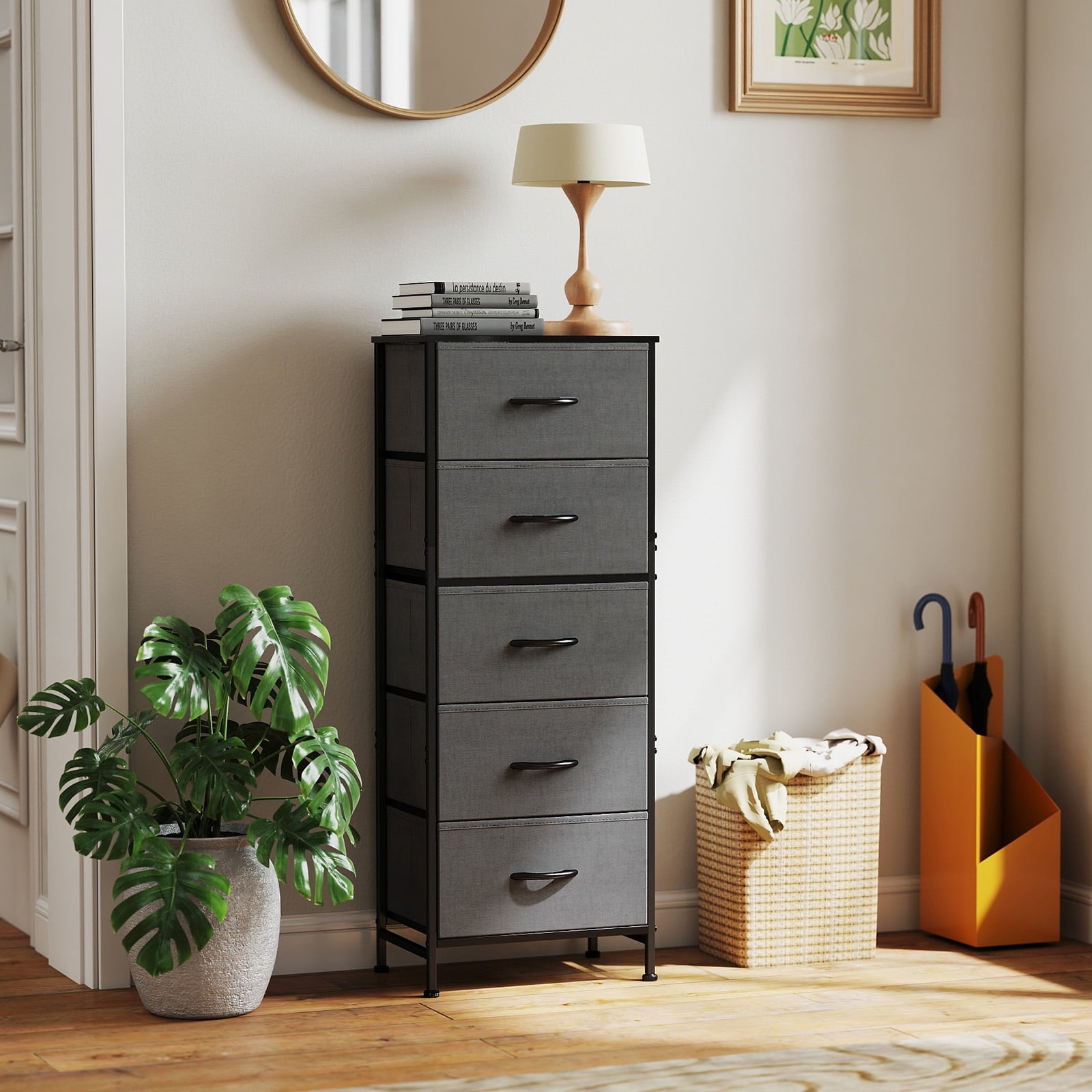 JIOABL 5-Drawer Fabric Dresser with Metal Frame and Wooden Top TV Stand - Perfect for Clothes, Living Room, Hallway, Entryway