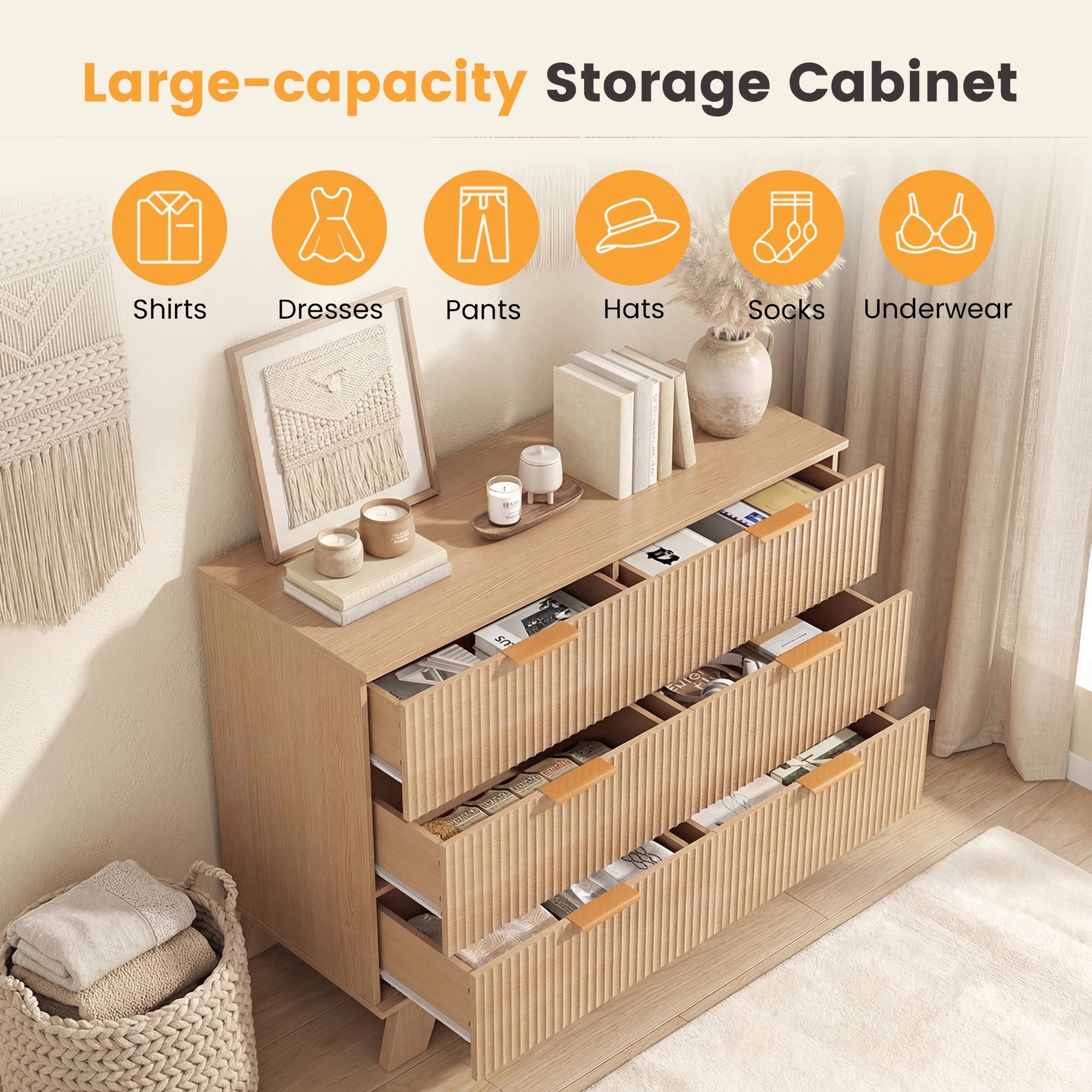 JIOABL Wood Dresser with Fluted Panel Design, Modern Storage Cabinet for Bedroom, Living Room, Hallway, Natural Oak