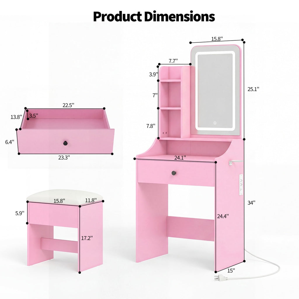 JIOABL 24" Vanity Desk with Mirror, LED Makeup Vanity with 3 Light Modes & Power Outlet, Storage Drawers & Stool, Dressing Table for Bedroom