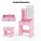 JIOABL 24" Vanity Desk with Mirror, LED Makeup Vanity with 3 Light Modes & Power Outlet, Storage Drawers & Stool, Dressing Table for Bedroom