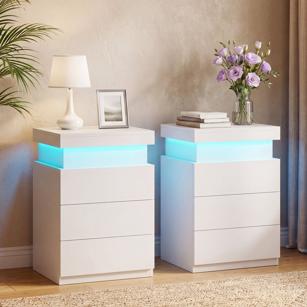 JIOABL Nightstand with Charging Station and RGB LED Light, 3 Drawers, Sliding Top, Bedside Table for Bedroom, Living Room and Dorm