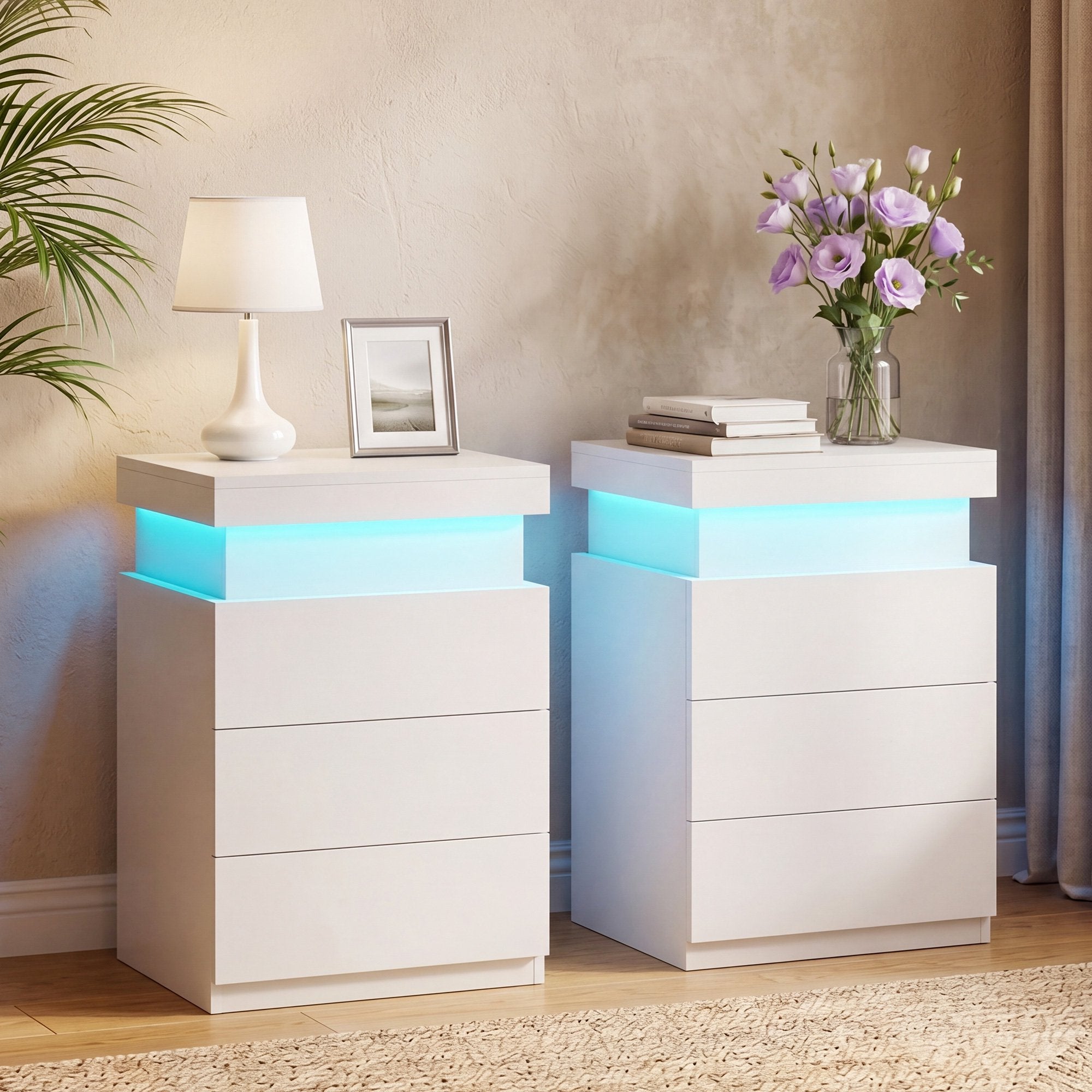 JIOABL Nightstand with Charging Station and RGB LED Light, 3 Drawers, Sliding Top, Bedside Table for Bedroom, Living Room and Dorm
