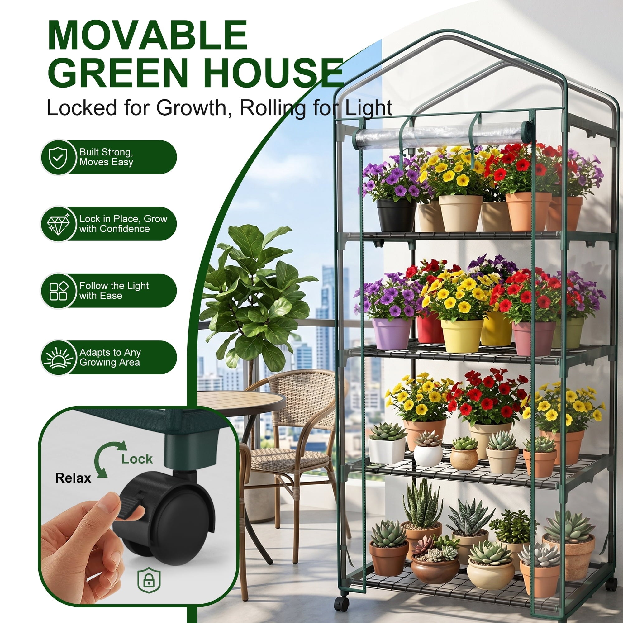 JIOABL 4-Tier Mini Greenhouse with Clear PVC Cover & Wheels, Portable Plant Grow House with Zipper Door, Steel Frame for Indoor & Outdoor Garden, Clear