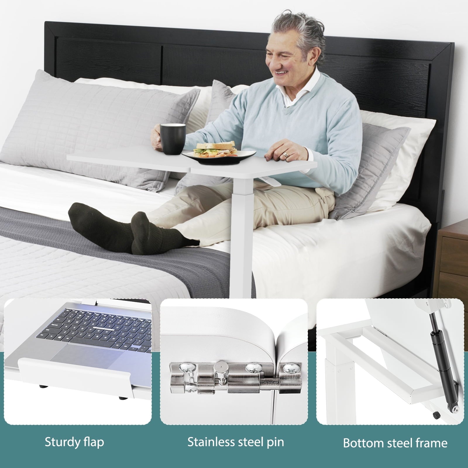JIOABL Adjustable Overbed Bedside Table with Hidden Wheels for Hospital
