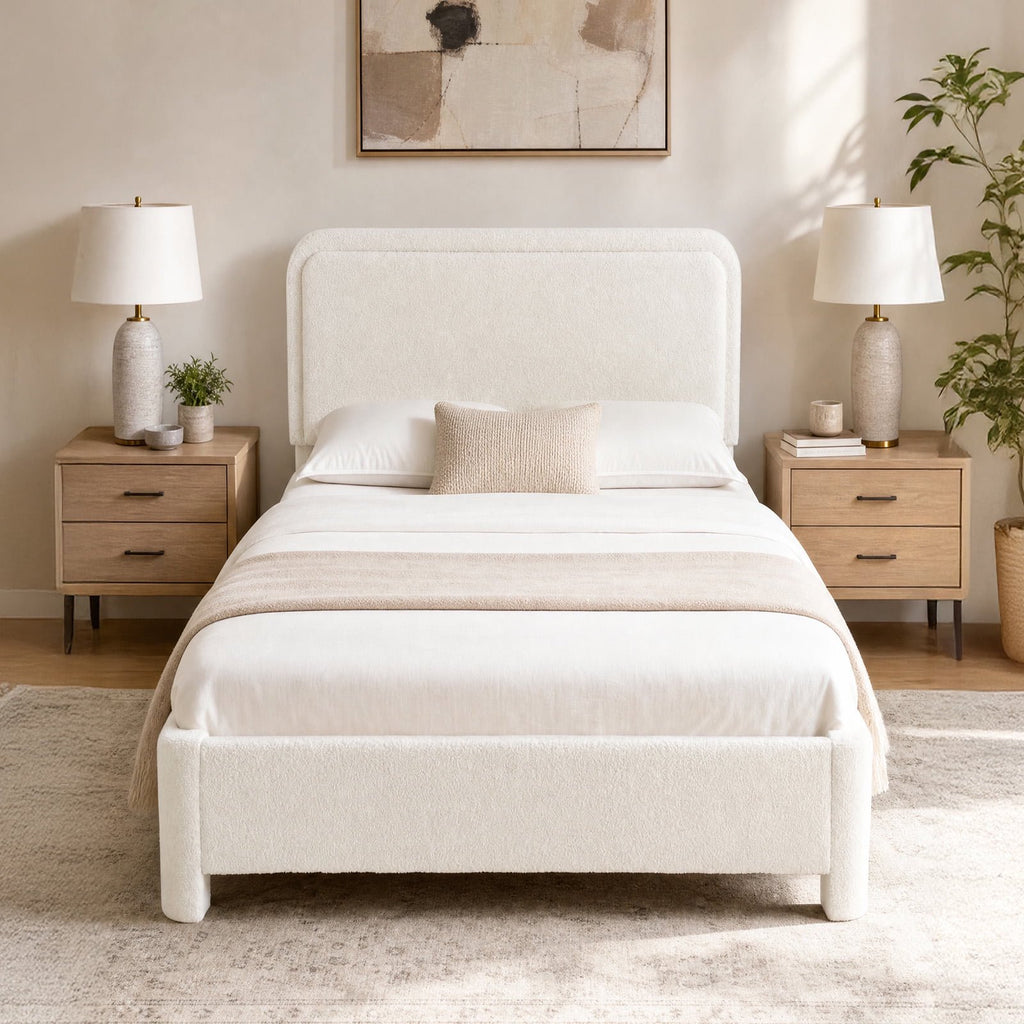 JIOABL Upholstered Platform Bed Frame with Adjustable Headboard, Teddy Fleece Fabric, No Box Spring Needed, White
