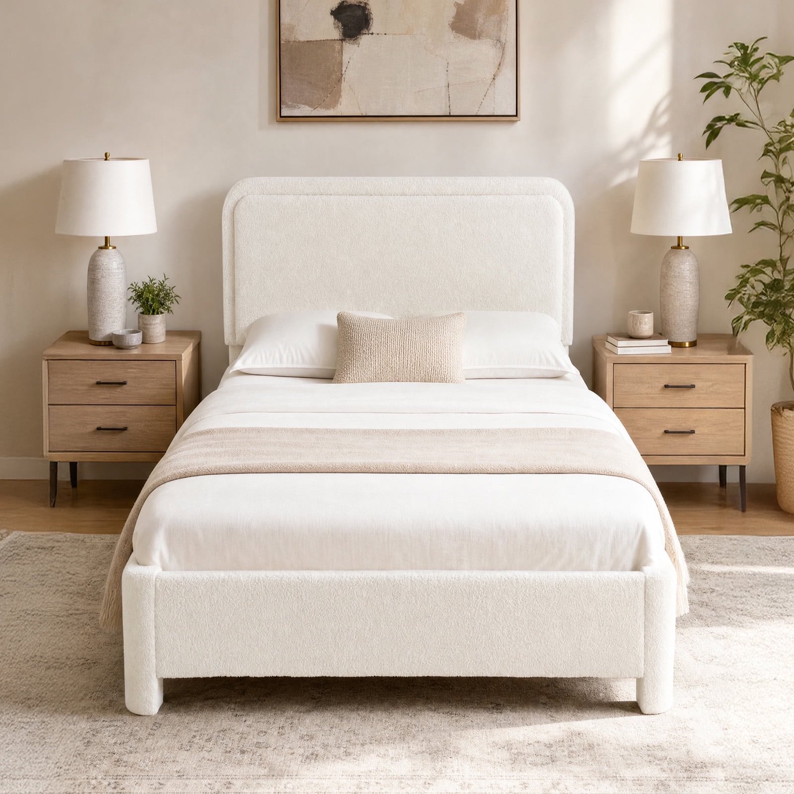 JIOABL Upholstered Platform Bed Frame with Adjustable Headboard, Teddy Fleece Fabric, No Box Spring Needed, White