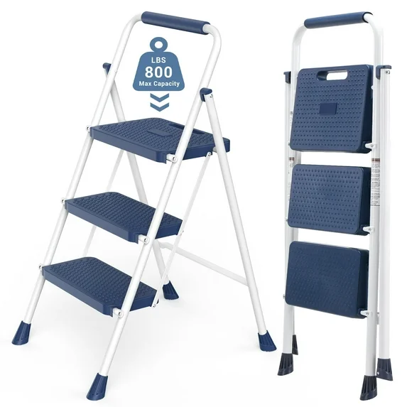 JIOABL 3 step ladder, 36-Inch Iron Step Stool with Non-Slip Pedals and Handrails - Portable Heavy Duty Steel Ladder for Kitchen, Garage, and Outdoor Use - Black