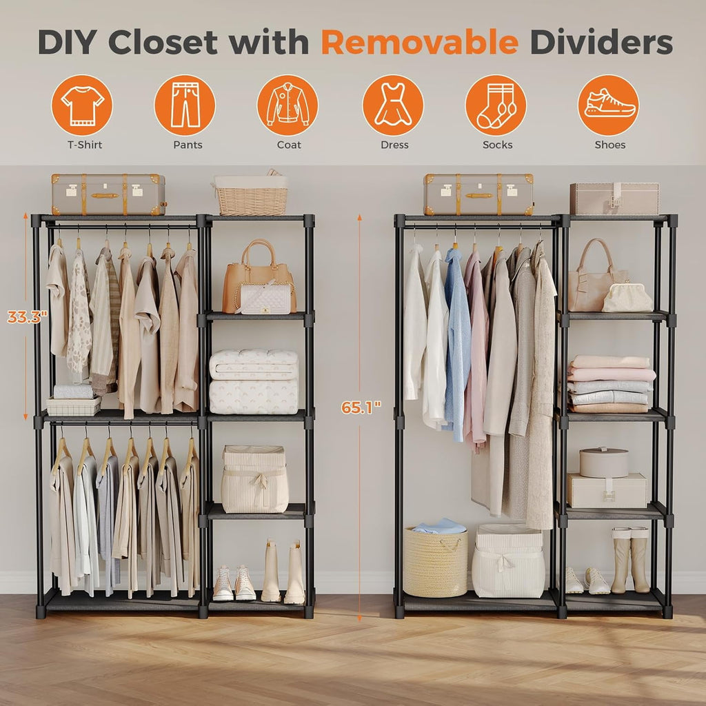 JIOABL Portable Clothes Rack with Shelves, Freestanding Closet Organizer with Hanging Rods for Bedroom, Entryway