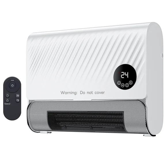 JIOABL Smart Wall Heater, Electric Space Heater for Bedroom , Vertical Oscillation, Adjustable Thermostat, Remote Control, 24H Timer, White