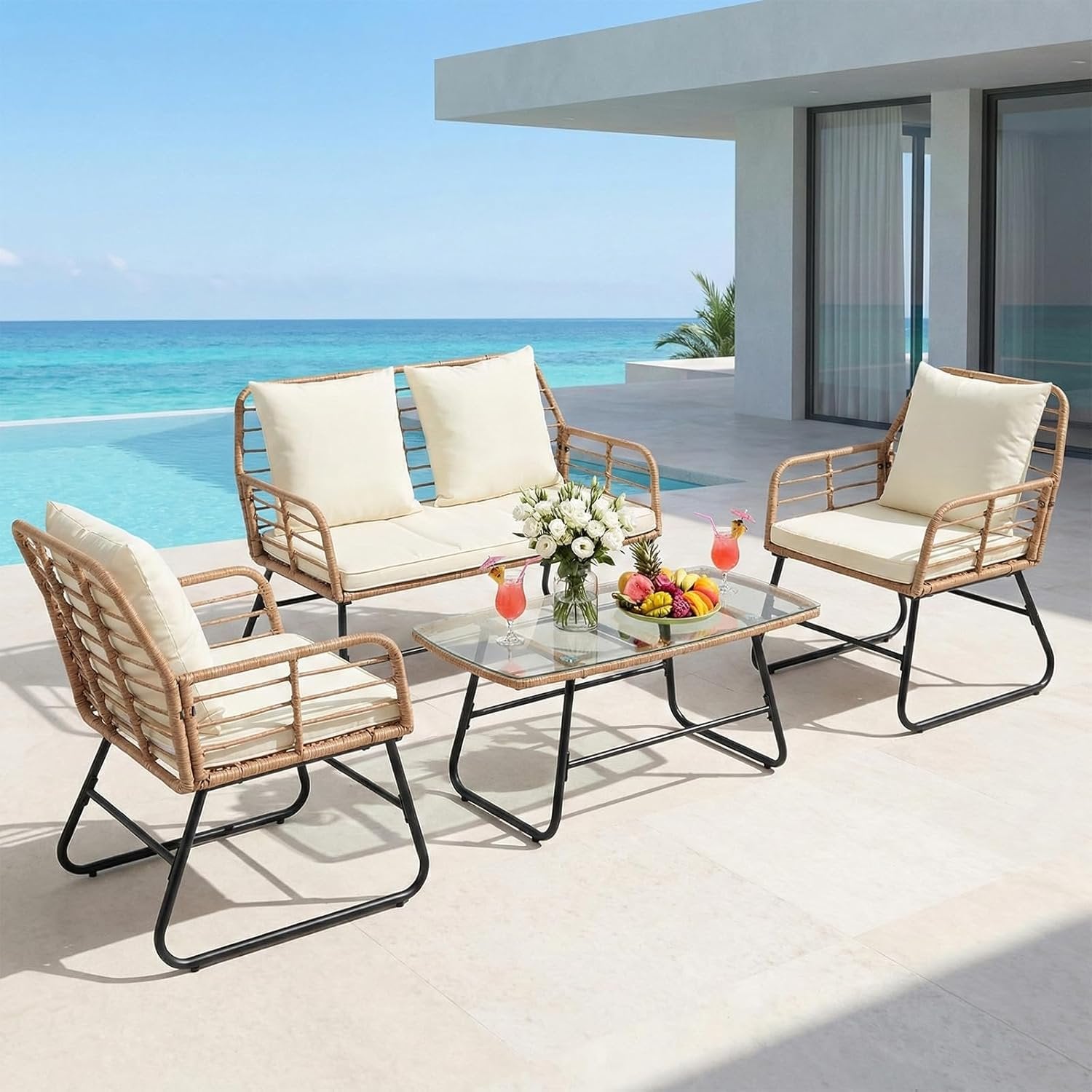 JIOABL Outdoor Bistro Set, Wicker Chairs & Glass Top Table for Patio, Balcony, Porch, Backyard