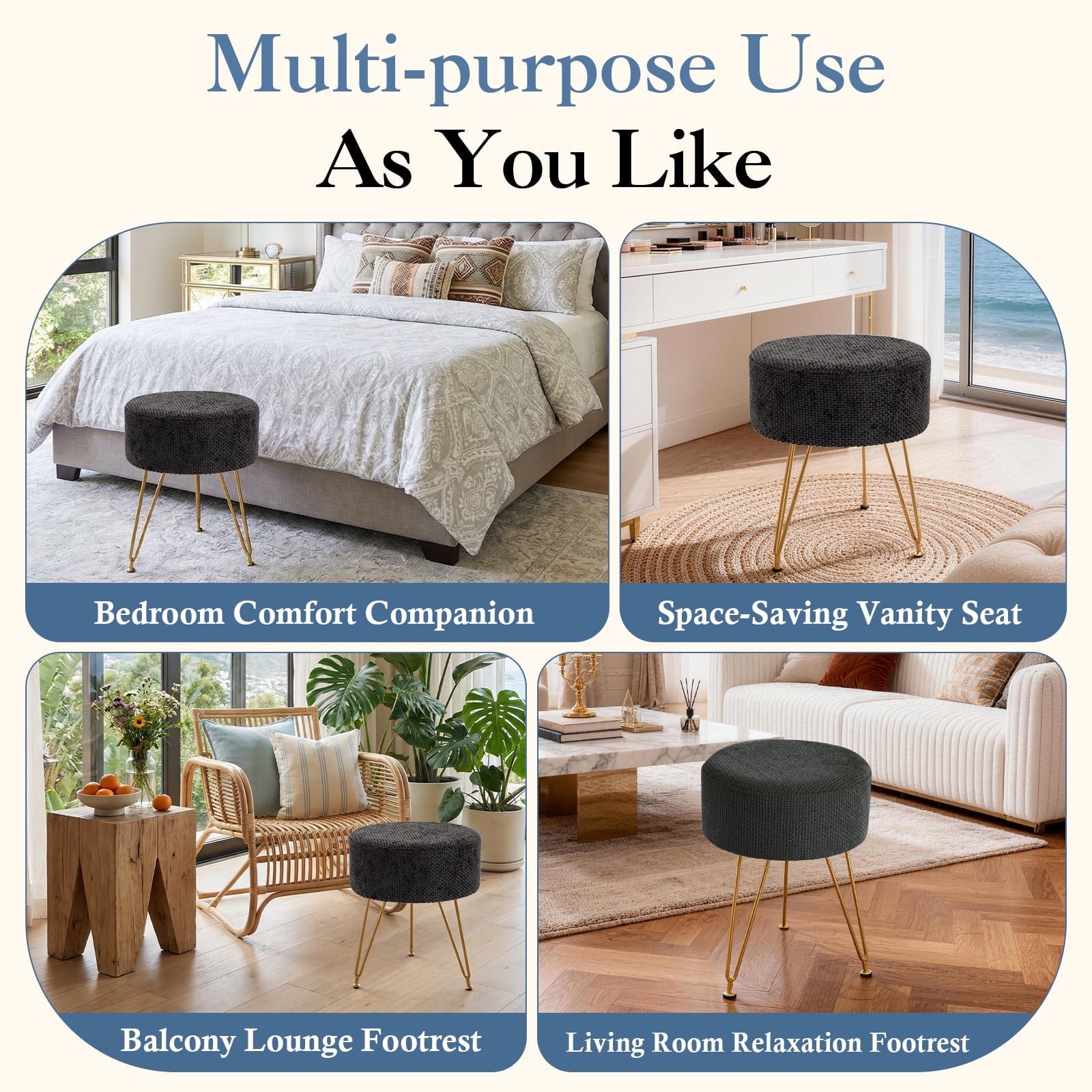JIOABL Ottoman Foot Stool & Vanity Stool, 350lbs Capacity, Thick Cushion, Gold Metal Legs, for Bedroom & Living Room
