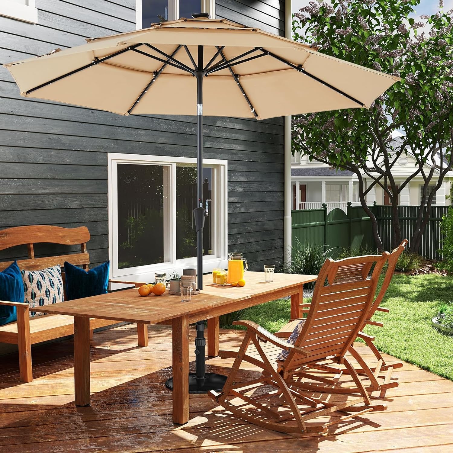 JIOABL 10FT Solar LED Patio Umbrella with Tilt & Vent, 32 LED Lights, 8 Ribs, UV-Resistant & Water-Resistant for Garden, Deck, Patio
