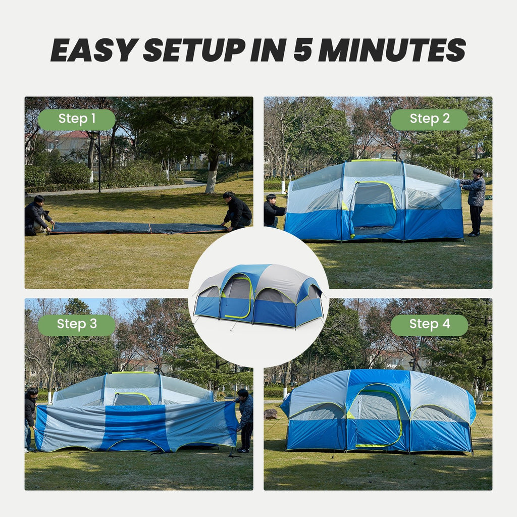 JIOABL 8 Person Camping Tent with Room Divider, Waterproof Polyester, Easy Setup, Portable with Carry Bag, Stakes & Ropes for Outdoor Camping