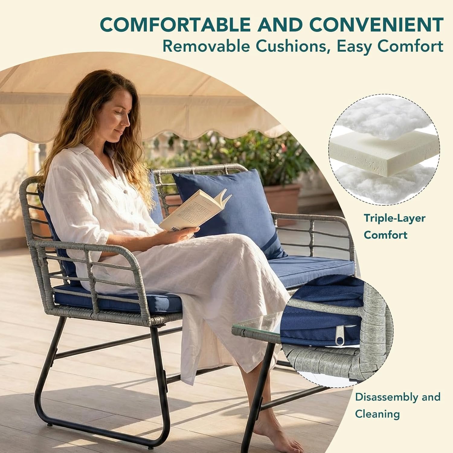 JIOABL Outdoor Bistro Set, Wicker Chairs & Glass Top Table for Patio, Balcony, Porch, Backyard