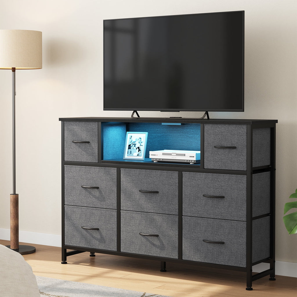 JIOABL TV Stand with  Fabric Drawers & Power Outlet, LED TV Console with USB & Type-C, Storage Dresser for Living Room
