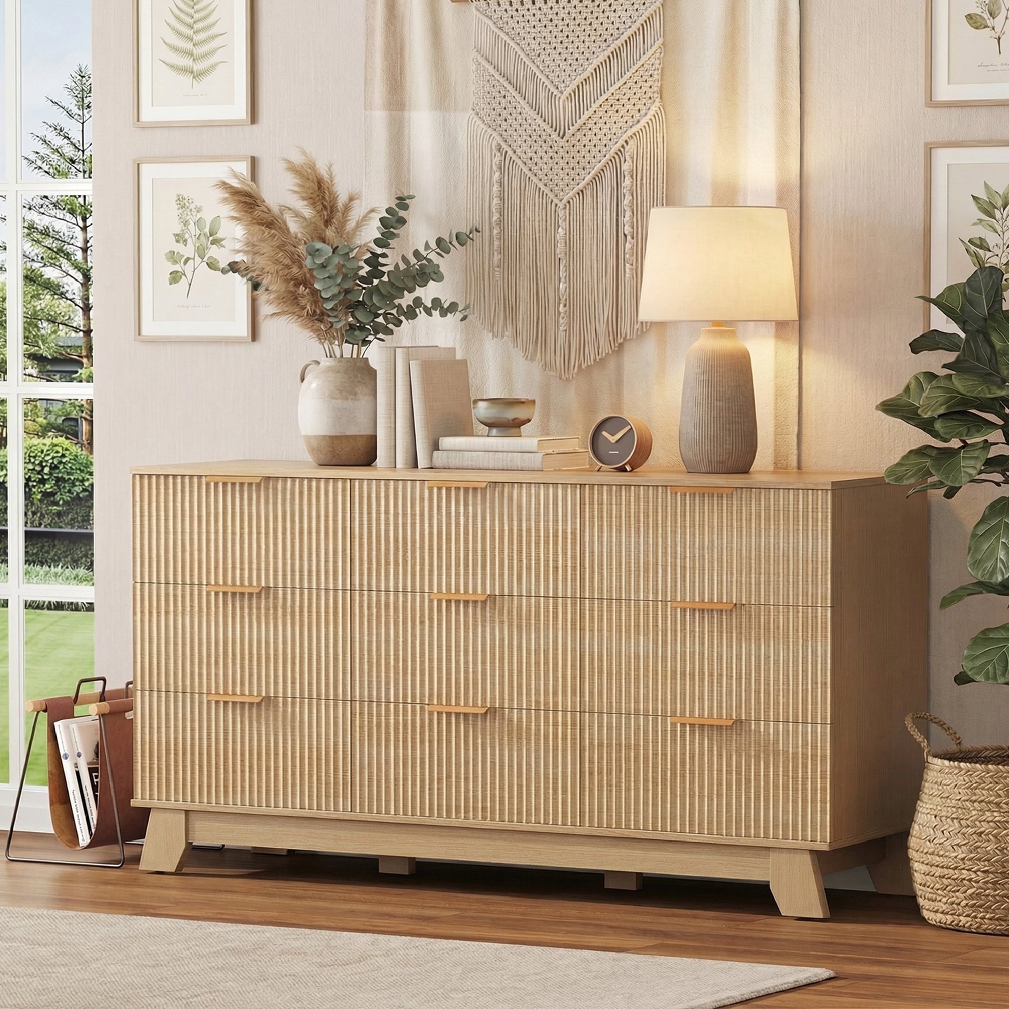 JIOABL Wood Dresser with Fluted Panel Design, Modern Storage Cabinet for Bedroom, Living Room, Hallway, Natural Oak
