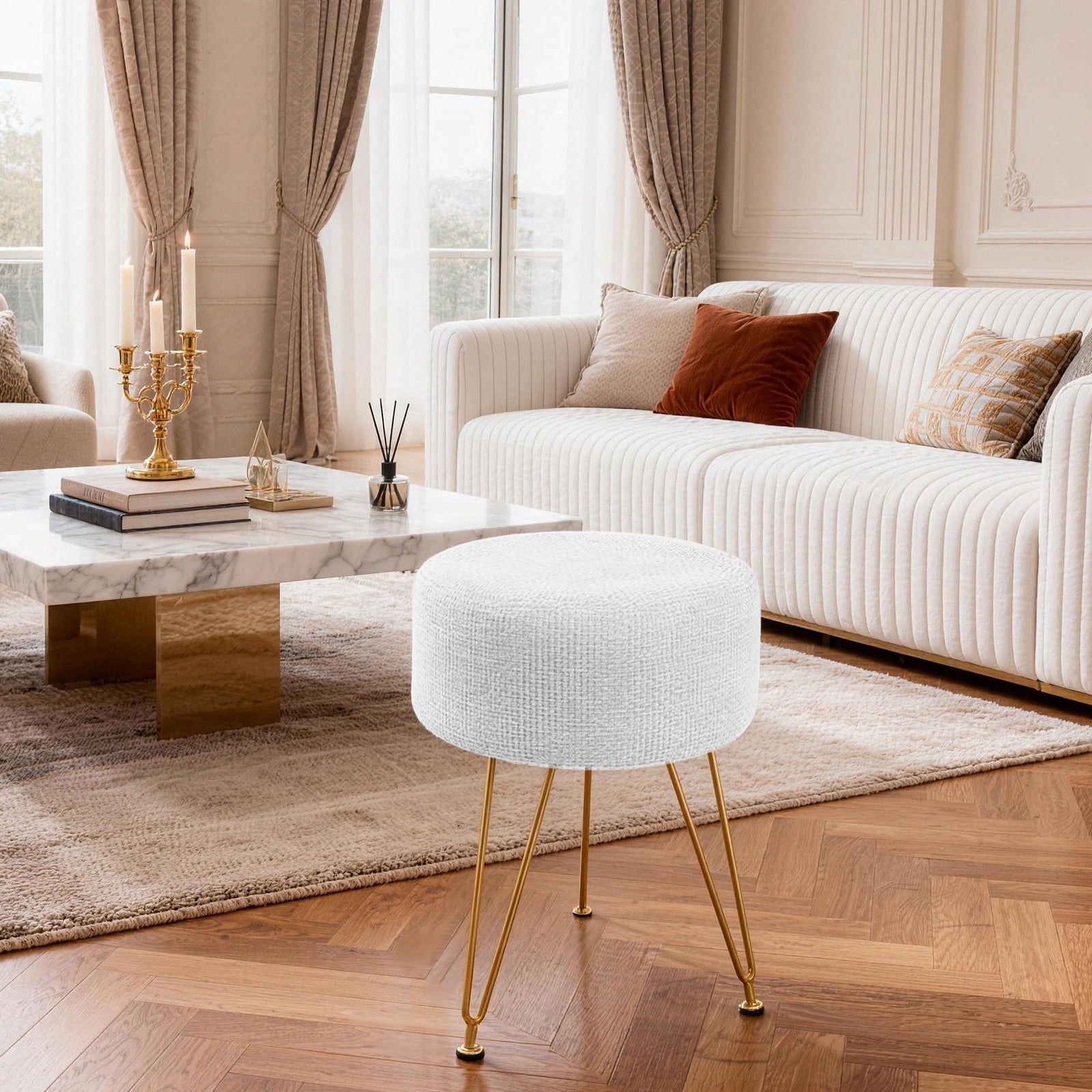 JIOABL Ottoman Foot Stool & Vanity Stool, 350lbs Capacity, Thick Cushion, Gold Metal Legs, for Bedroom & Living Room