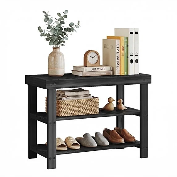 JIOABL 3 Tier Bamboo Shoe Rack Bench, 19 in Storage Seat Organizer with 286lb Capacity for Entryway, Bedroom, Living Room, Black