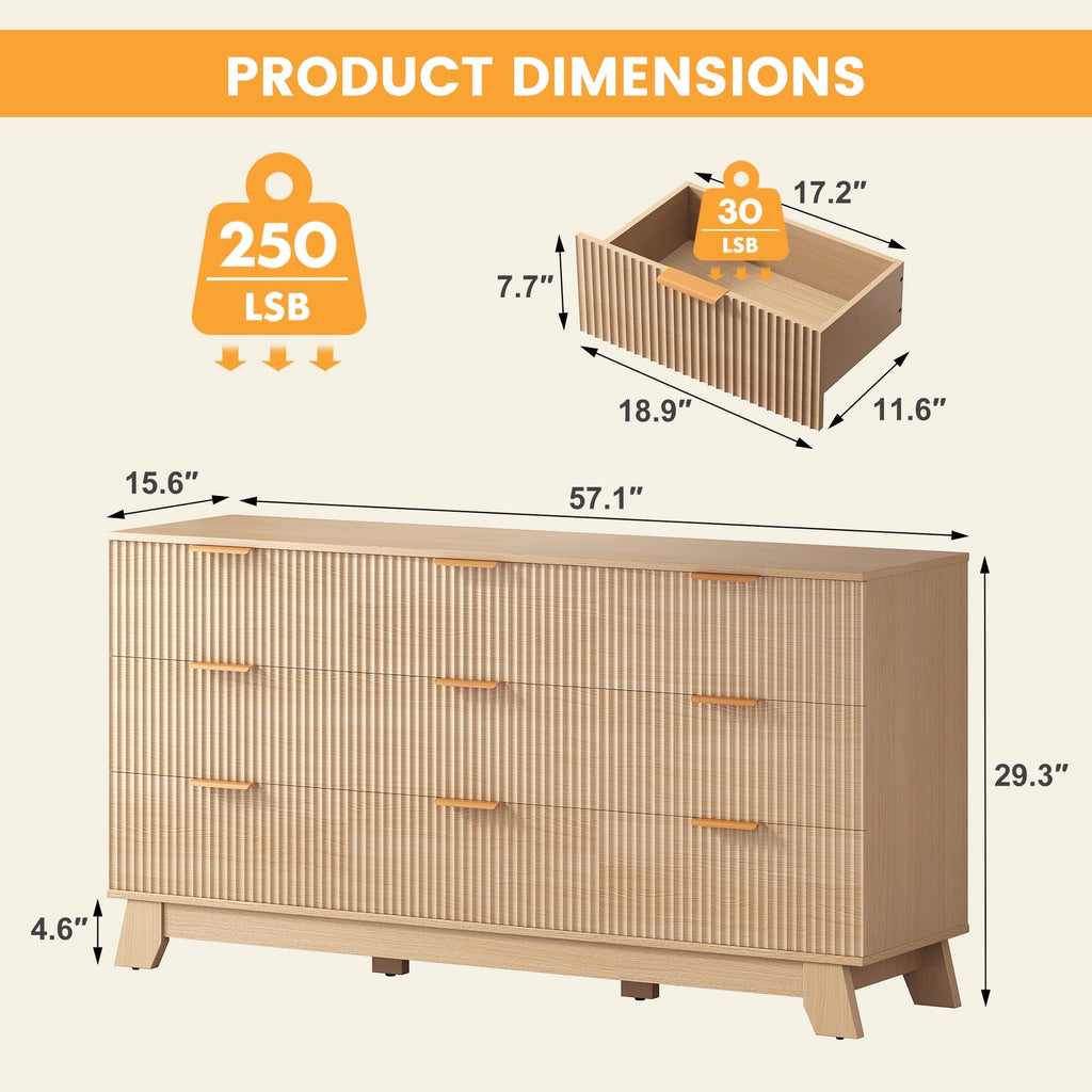 JIOABL Wood Dresser with Fluted Panel Design, Modern Storage Cabinet for Bedroom, Living Room, Hallway, Natural Oak