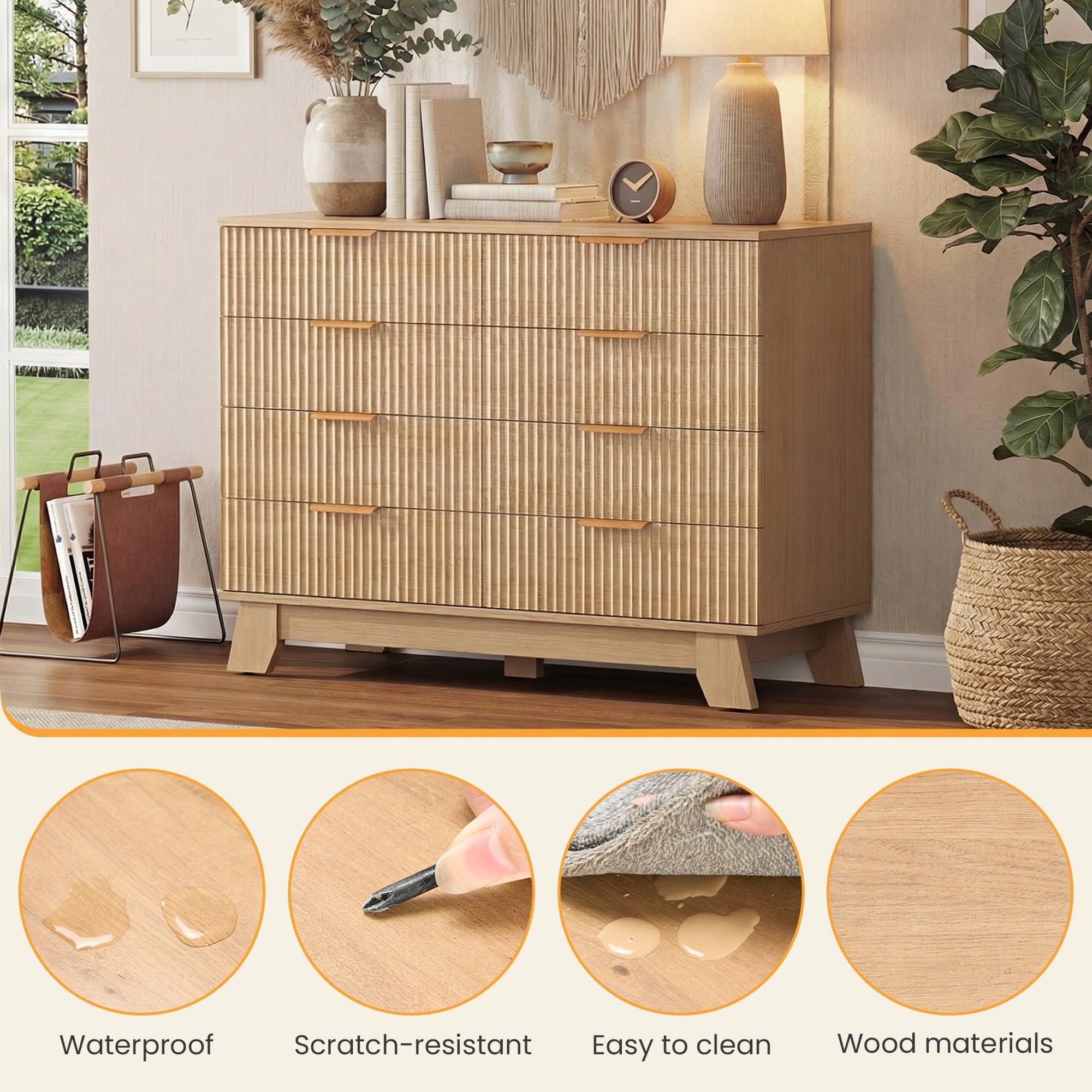 JIOABL Wood Dresser with Fluted Panel Design, Modern Storage Cabinet for Bedroom, Living Room, Hallway, Natural Oak