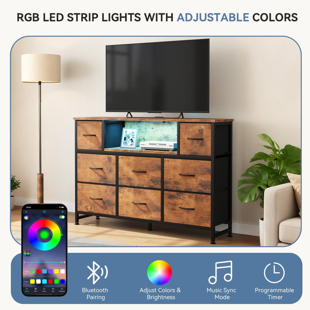 JIOABL TV Stand with  Fabric Drawers & Power Outlet, LED TV Console with USB & Type-C, Storage Dresser for Living Room