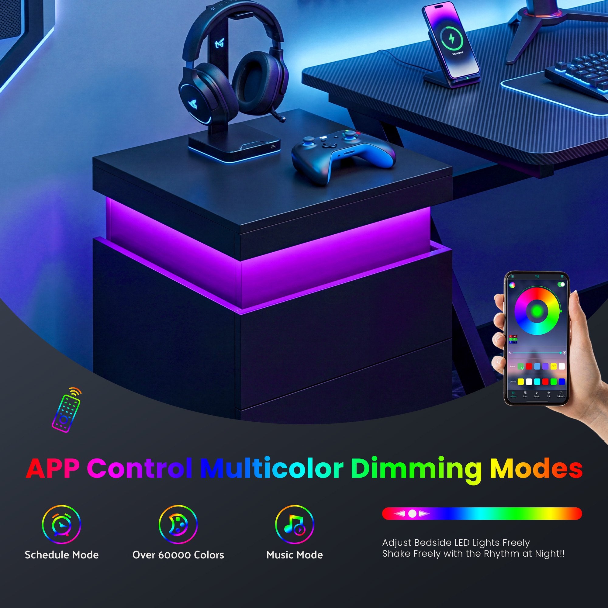 JIOABL Nightstand with Charging Station and RGB LED Light, 3 Drawers, Sliding Top, Bedside Table for Bedroom, Living Room and Dorm
