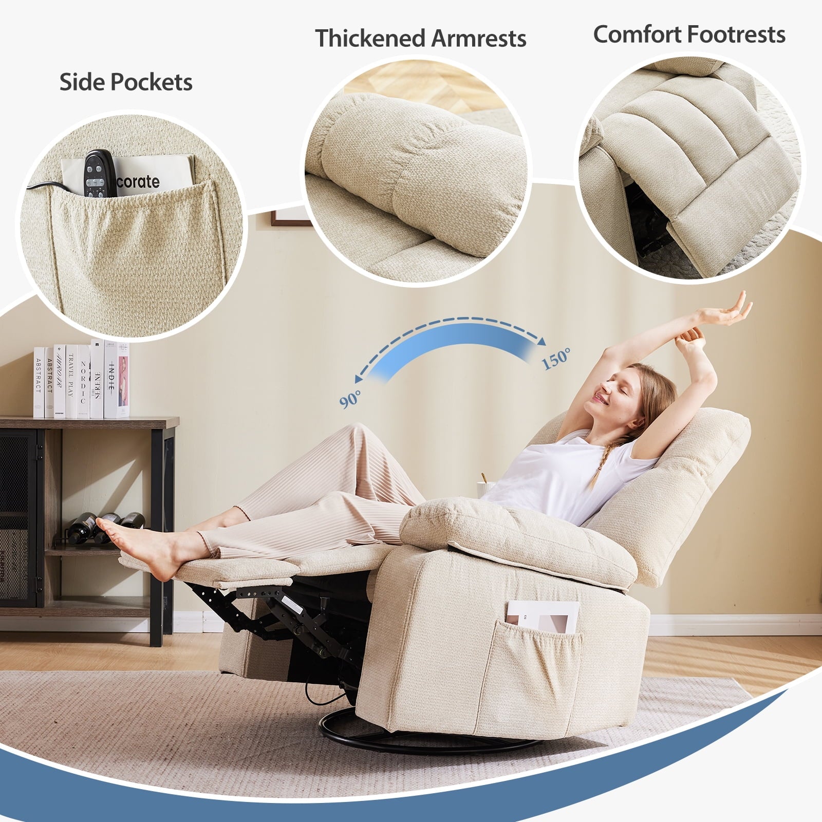 JIOABL Swivel Rocker Recliner Chair with Massage and Heat, Adjustable Recline, Chenille Fabric