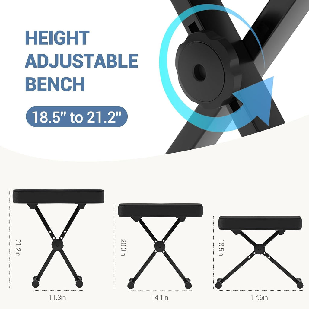 JIOABL Adjustable Piano Bench, X-Frame Music Stool with Padded Seat, Steel Frame, Cushion for Piano Keyboard Stand