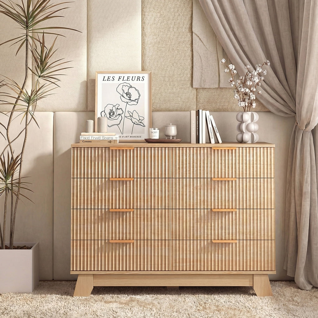 JIOABL Wood Dresser with Fluted Panel Design, Modern Storage Cabinet for Bedroom, Living Room, Hallway, Natural Oak