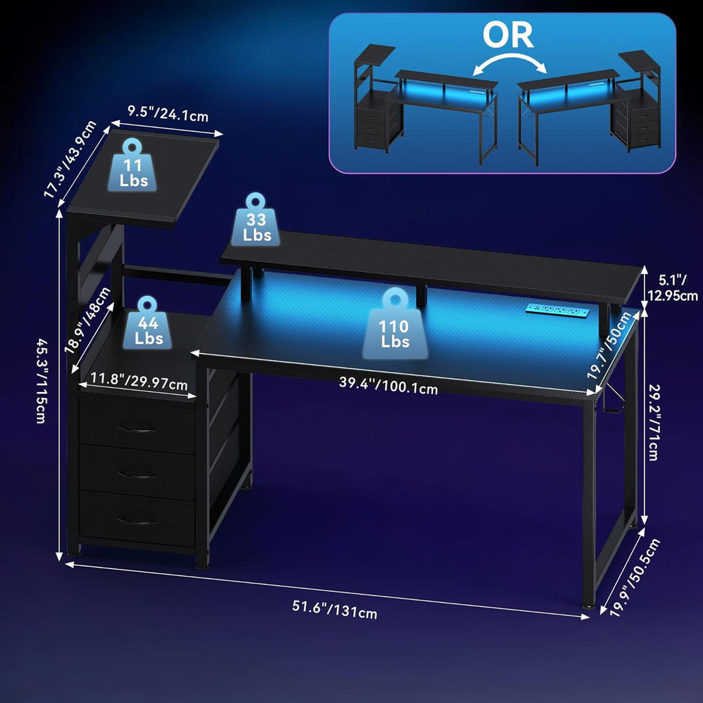 JIOABL Gaming Desk with RGB LED, Built-in Charging Station, Ergonomic Monitor Stand, Storage Drawers, Reversible Shelf, for Teens & Adults