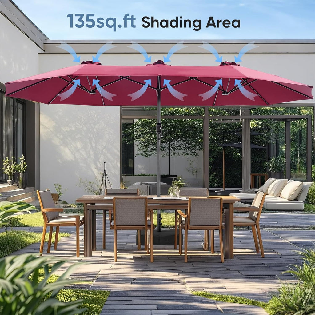 JIOABL 15FT Triple Head Patio Umbrella with Base & Sandbags, Large Outdoor Umbrella with Crank, 12 Ribs, UV-Resistant & Ventilated Canopy