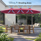 JIOABL 15FT Triple Head Patio Umbrella with Base & Sandbags, Large Outdoor Umbrella with Crank, 12 Ribs, UV-Resistant & Ventilated Canopy