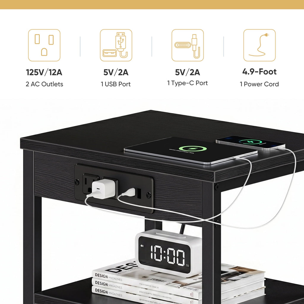 JIOABL 3-Tier Side Table with USB & AC Charging Station, Adjustable Shelves, Multi-Use for Living Room & Bedroom