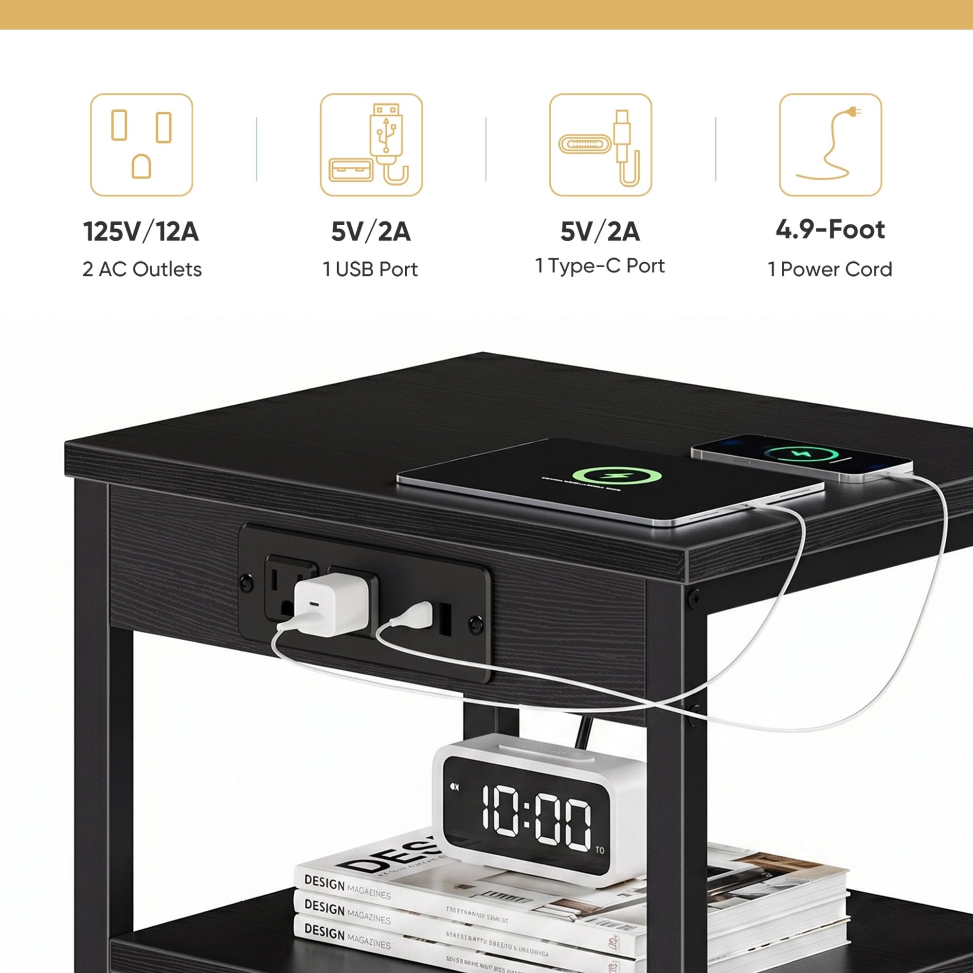 JIOABL 3-Tier Side Table with USB & AC Charging Station, Adjustable Shelves, Multi-Use for Living Room & Bedroom