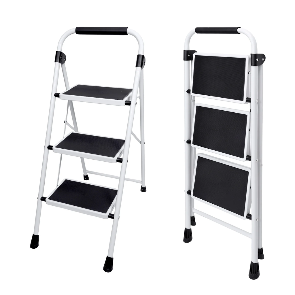 JIOABL 3 step ladder, 36-Inch Iron Step Stool with Non-Slip Pedals and Handrails - Portable Heavy Duty Steel Ladder for Kitchen, Garage, and Outdoor Use - Black