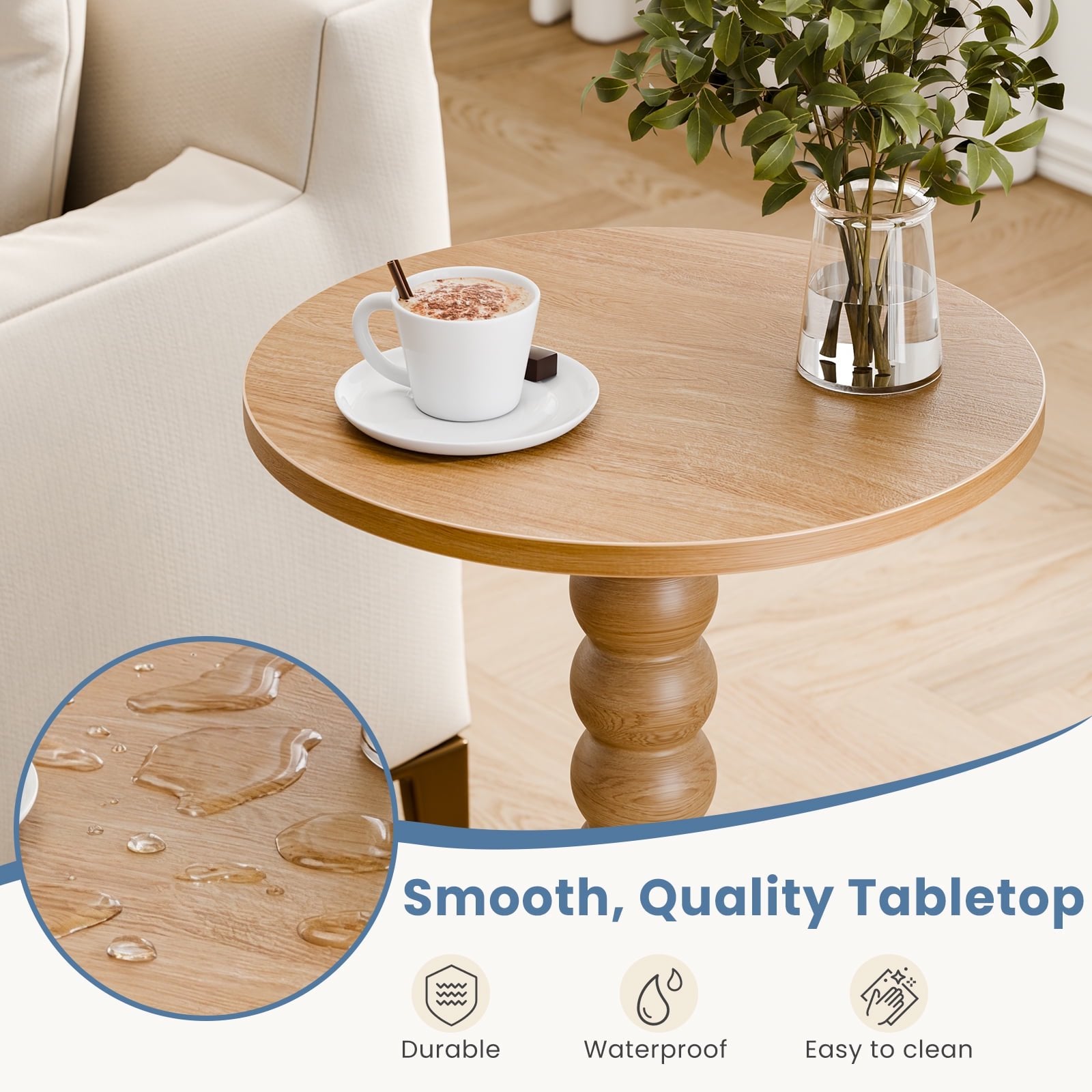 JIOABL Round Side Table, Small End Table with Waterproof MDF & Solid Wood Leg, Compact Space-Saving Accent Table for Living Room, Bedroom or Corners