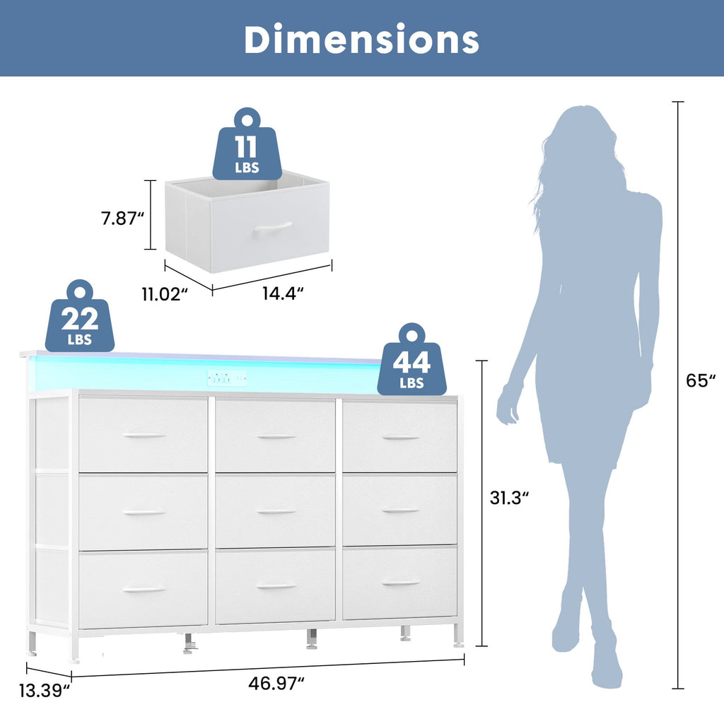 JIOABL TV Stand with  Fabric Drawers & Power Outlet, LED TV Console with USB & Type-C, Storage Dresser for Living Room