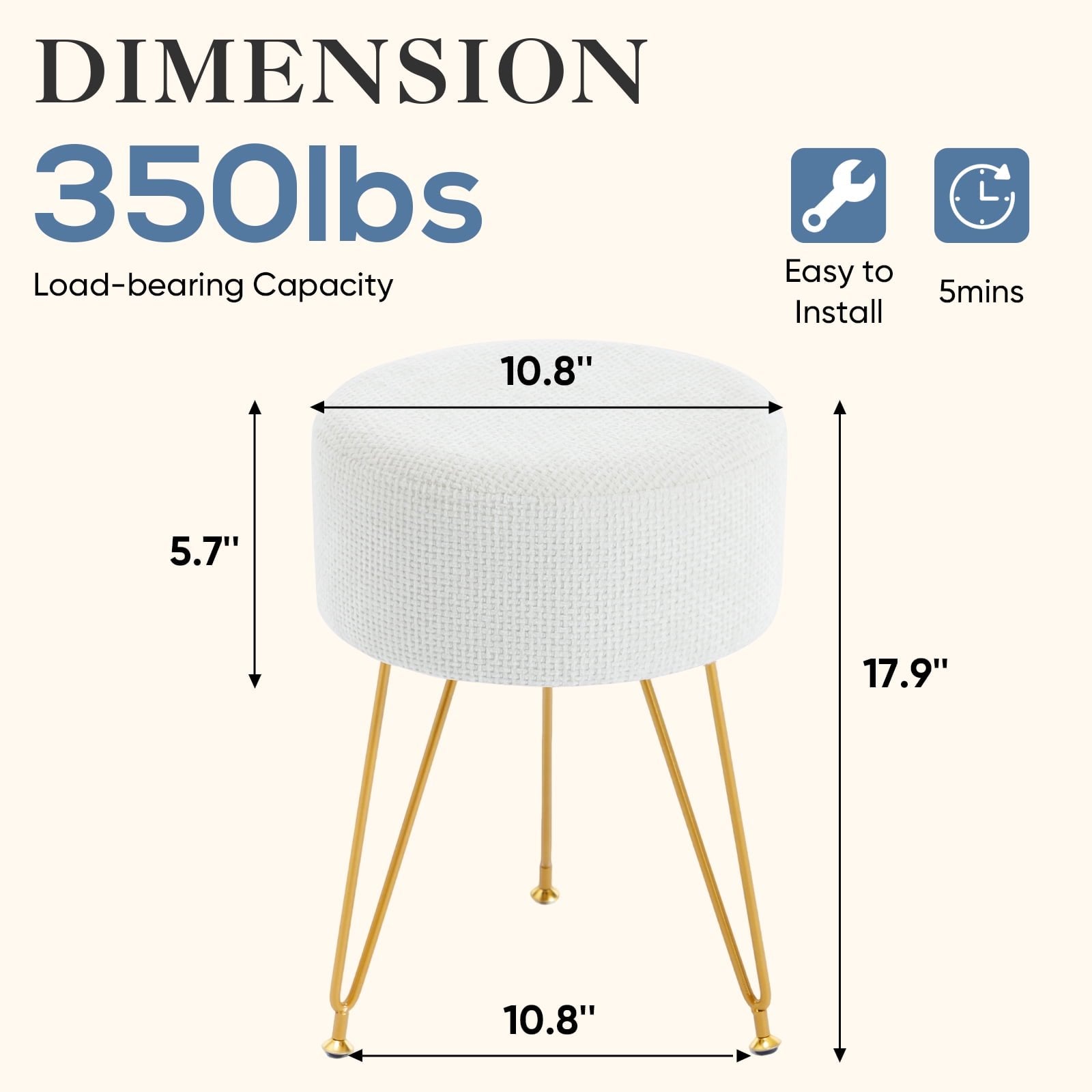 JIOABL Ottoman Foot Stool & Vanity Stool, 350lbs Capacity, Thick Cushion, Gold Metal Legs, for Bedroom & Living Room