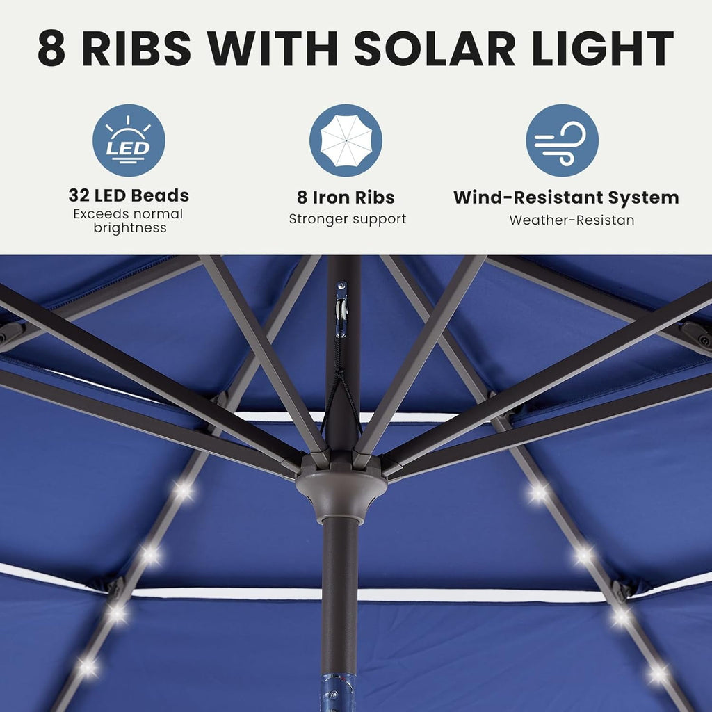 JIOABL 10FT Solar LED Patio Umbrella with Tilt & Vent, 32 LED Lights, 8 Ribs, UV-Resistant & Water-Resistant for Garden, Deck, Patio