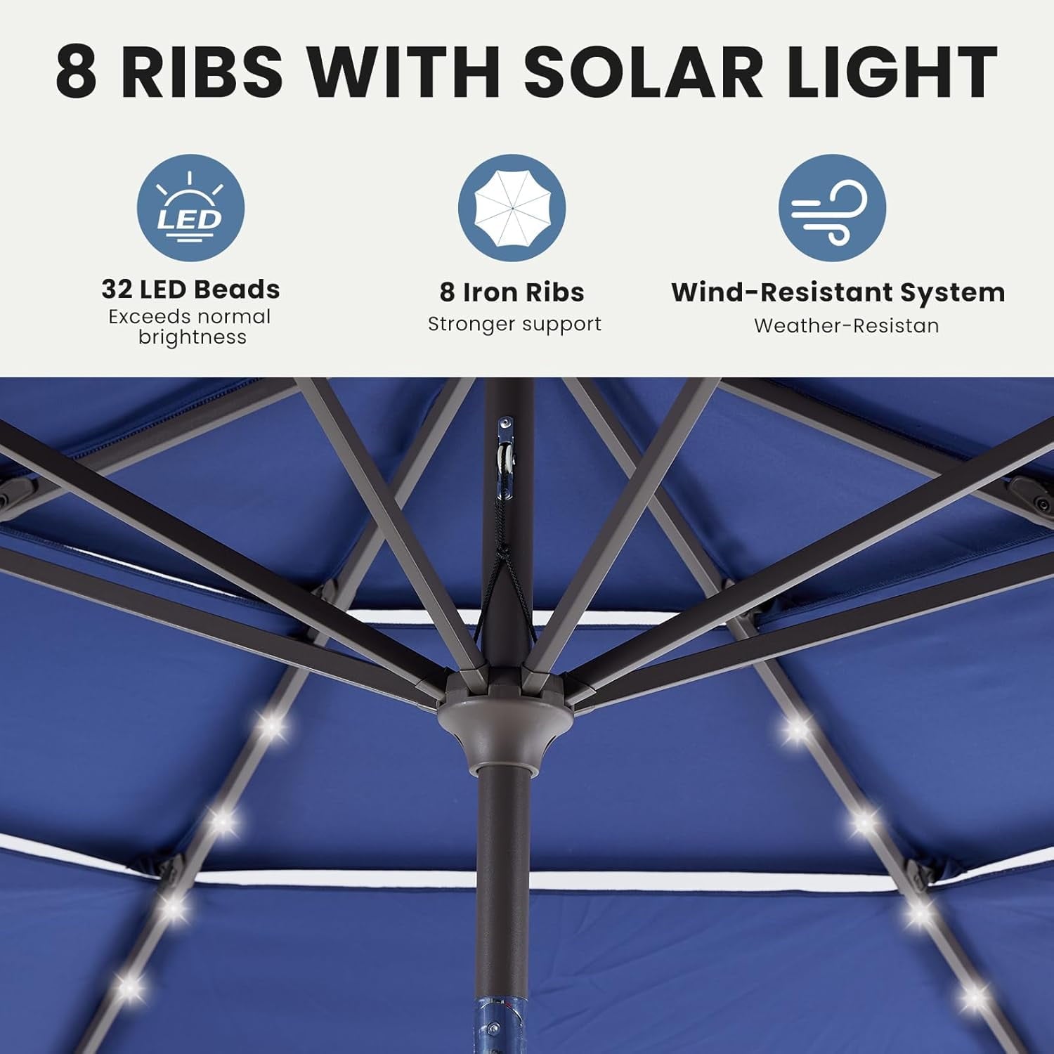 JIOABL 10FT Solar LED Patio Umbrella with Tilt & Vent, 32 LED Lights, 8 Ribs, UV-Resistant & Water-Resistant for Garden, Deck, Patio