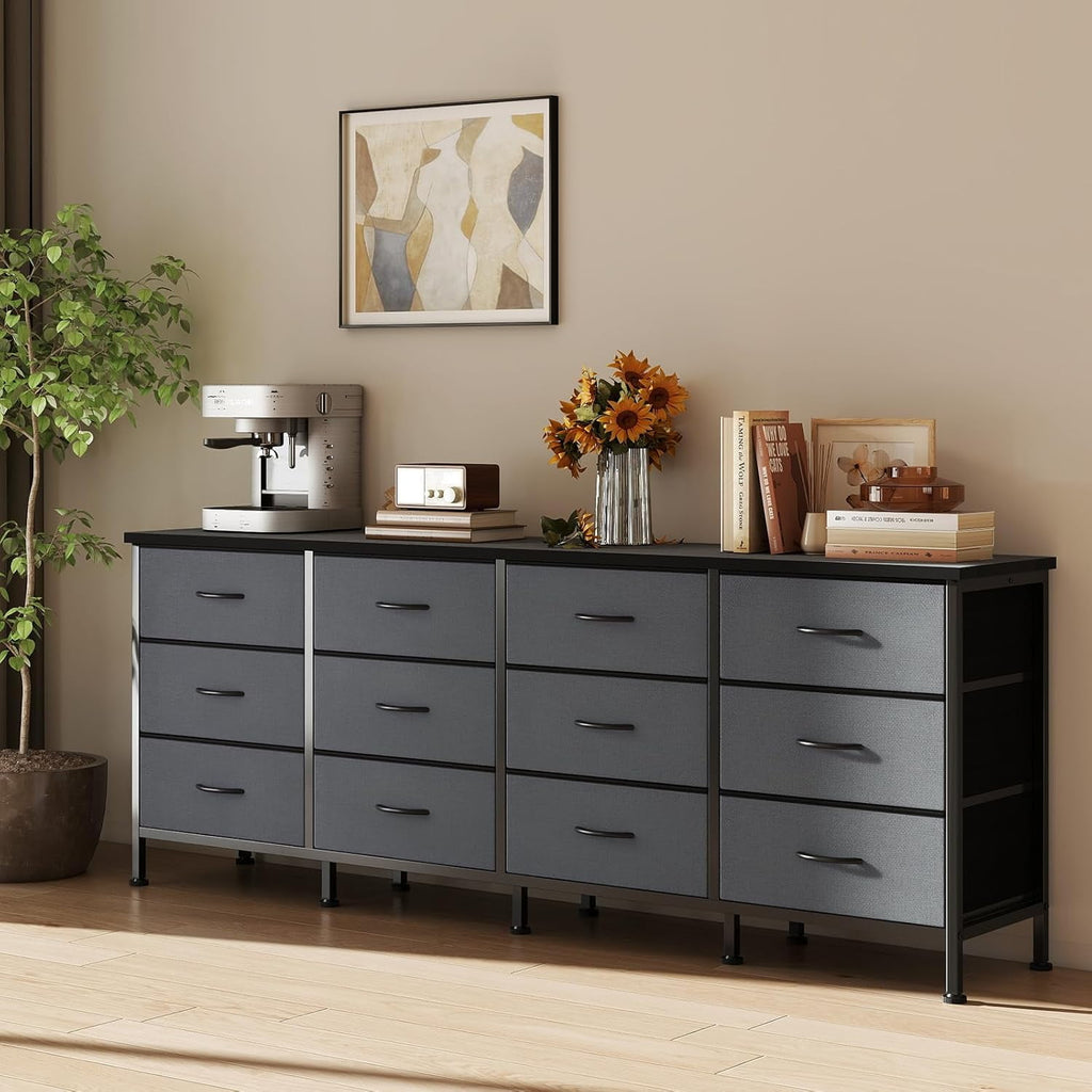 JIOABL TV Stand with 12 Fabric Drawers, Metal Frame Storage Stand with Adjustable feet and Anti-Tip