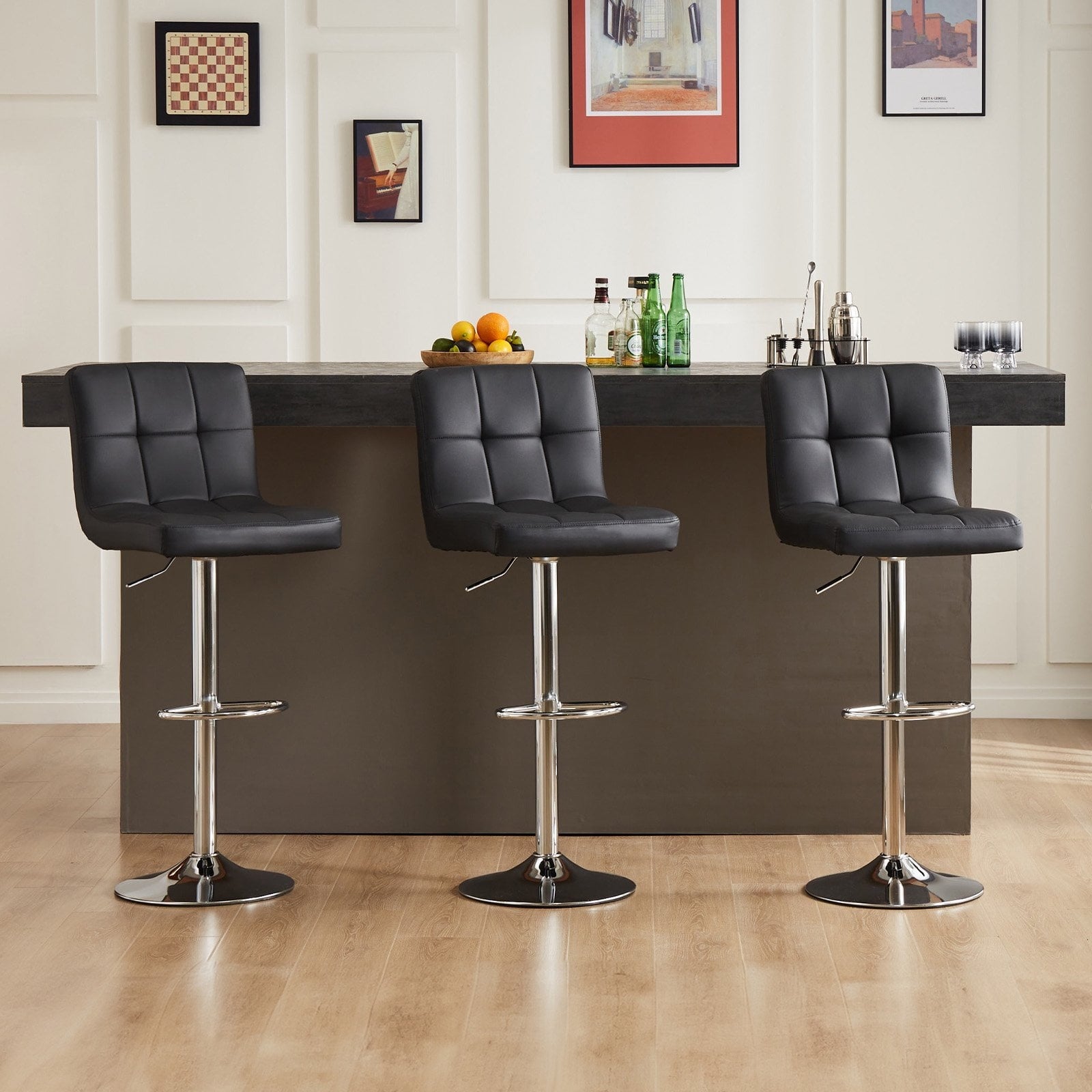 JIOABL Bar Stools, Armless Adjustable Swivel Barstools, PU Leather Hydraulic Kitchen Counter Height Bar Stools, Thickened Seat Cushion Square Island Barstools with Back