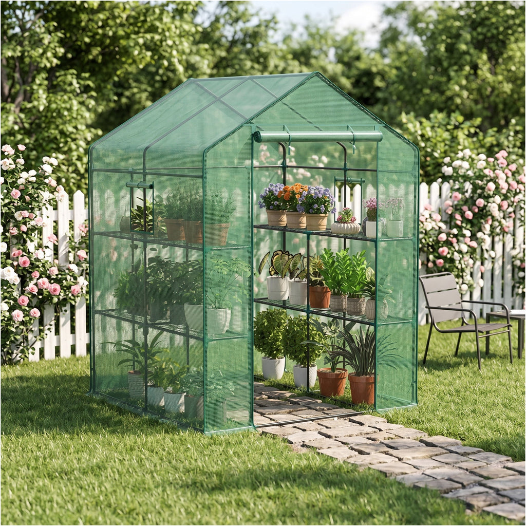 JIOABL 3-Tier Walk-In Greenhouse with PE Cover, Roll-Up Zipper Door & Side Windows, Steel Frame, Outdoor Plant Greenhouse for Garden, Patio, Green