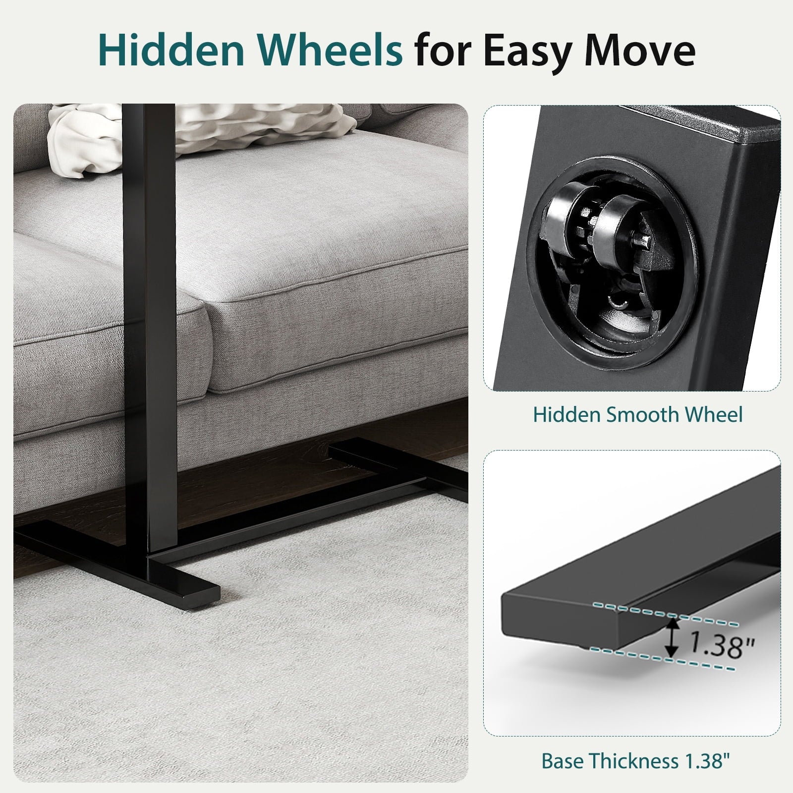 JIOABL Adjustable Overbed Bedside Table with Hidden Wheels for Hospital