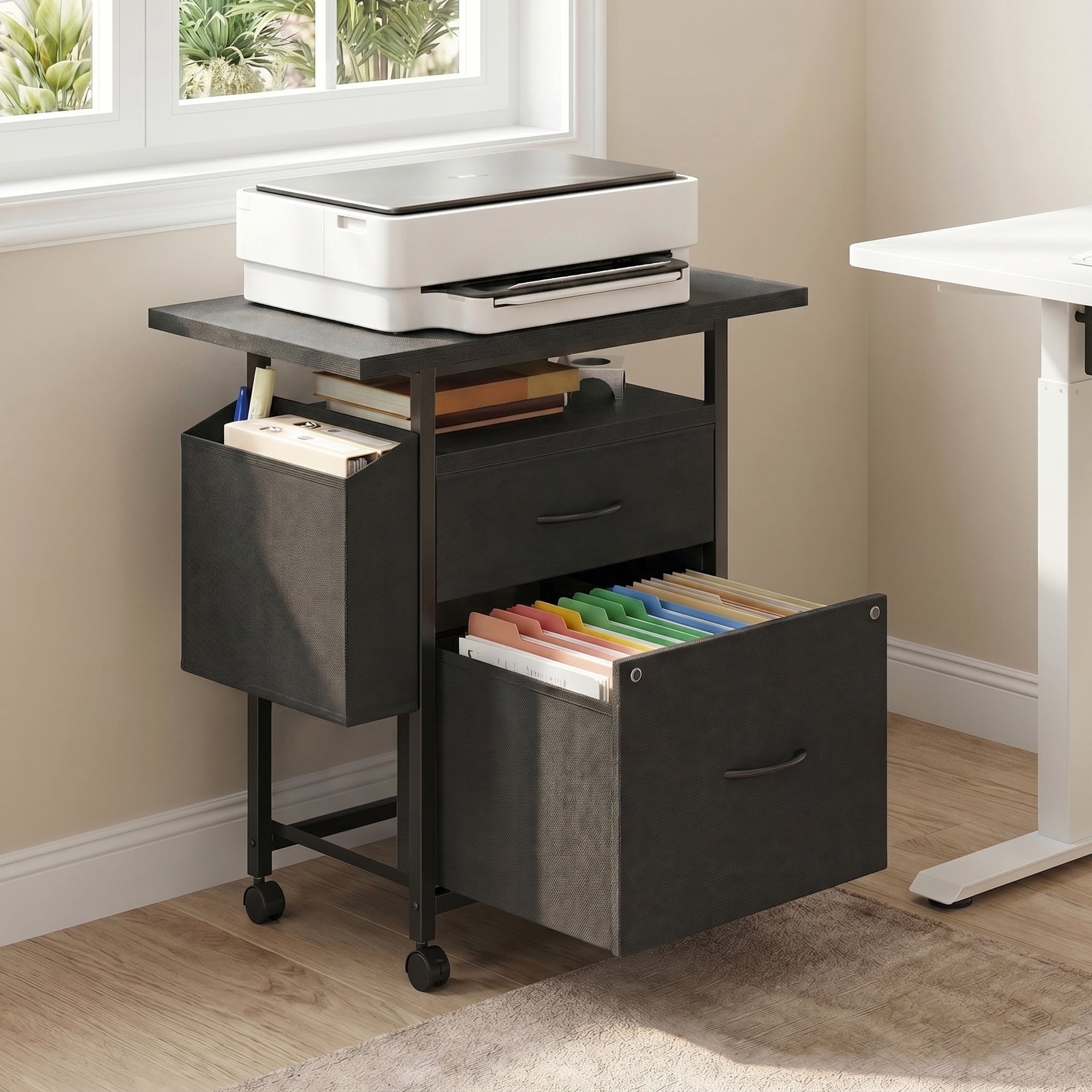 JIOABL Rolling Printer Stand with 2 Fabric Drawers, Storage Shelf, Side Organizer Bag and Lockable Wheels for Home Office