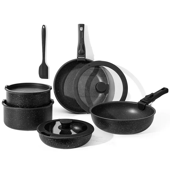 JIOABL 12 Pcs Non-Stick Cookware Set, Complete with Pots and Pans Featuring Detachable Handles, Beige